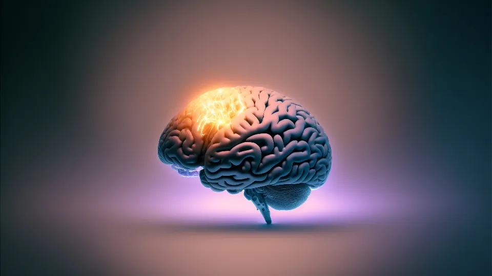 Ilustración digital de un cerebro azul con una zona luminosa de color naranja.