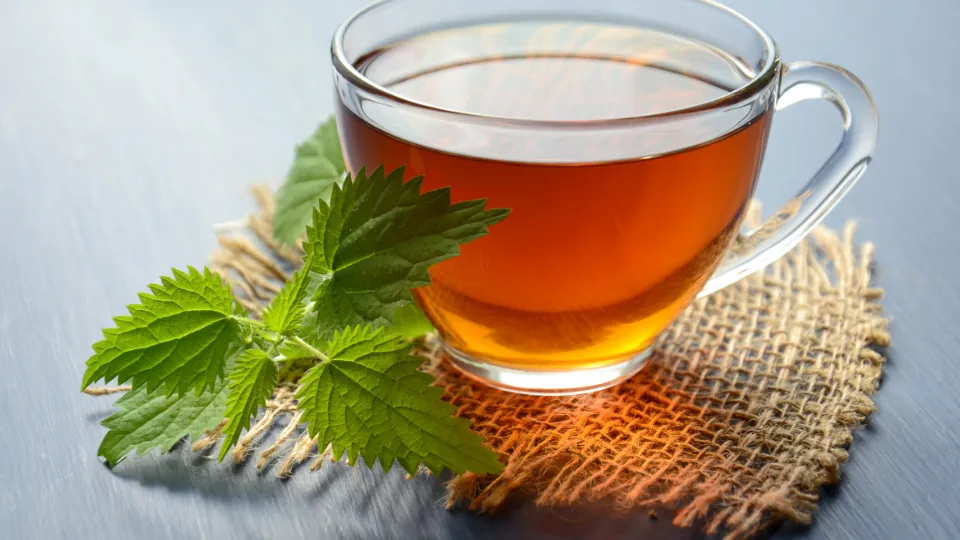 Una taza de infusión con hojas de menta fresca sobre un paño rústico.