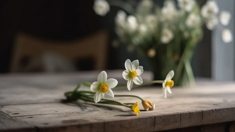 Tulipanes blancos y amarillos sobre una mesa de madera junto a la ventana.